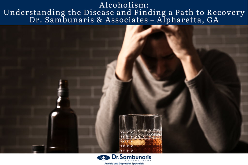 Distressed man with head in hands at a table with whiskey glass and bottle, banner text about alcoholism recovery above.