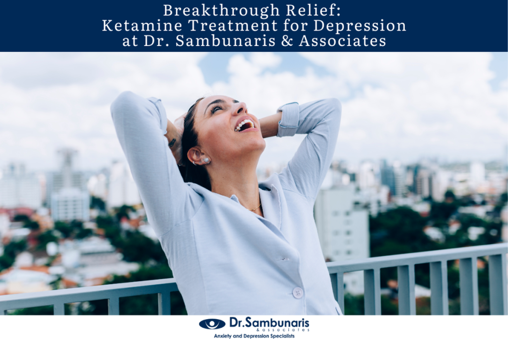 Woman on rooftop balcony smiling with arms raised, blurred city behind her, headline on ketamine treatment for depression.
