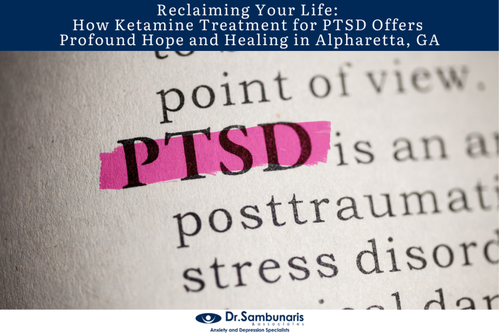 Dictionary entry with PTSD highlighted in pink, a banner about ketamine treatment for PTSD, and Dr. Sambunaris logo.